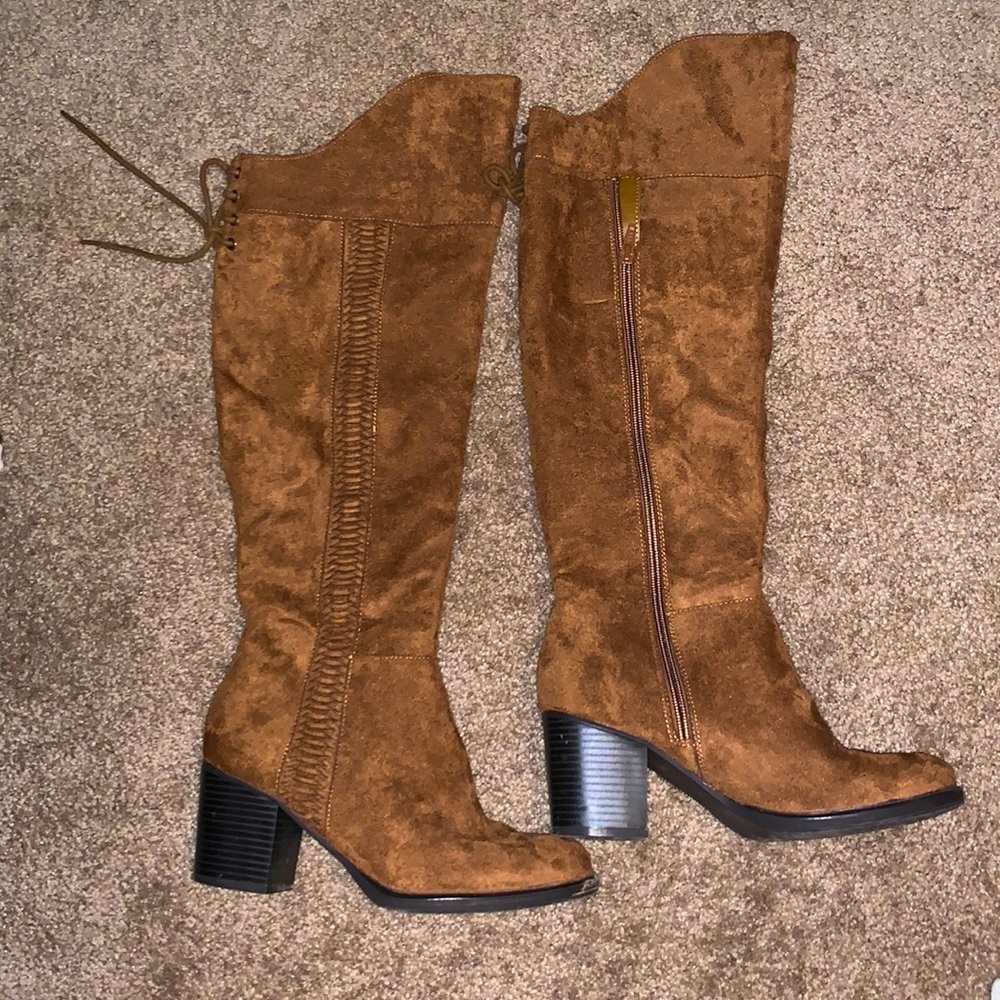Tan Suede Thigh High Heeled Boots (8)
